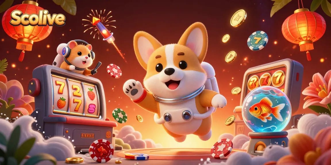 Socolive promotes immersive gaming with a floating astronaut corgi amidst festive casino elements.