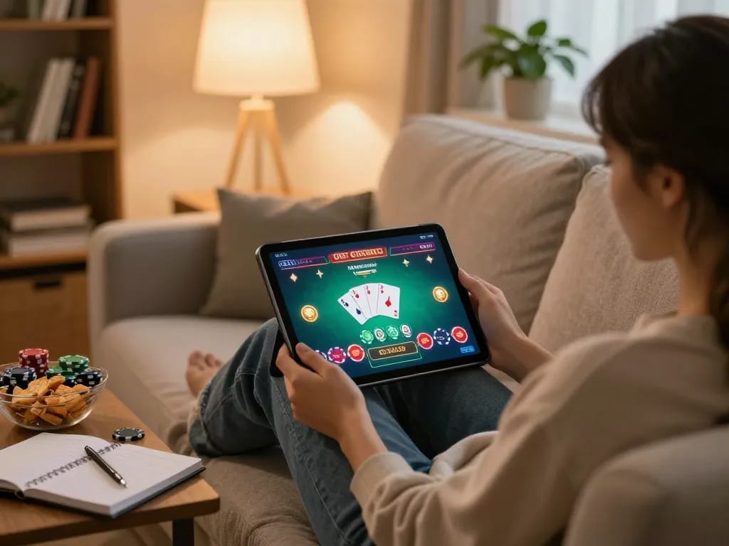 Player enjoying online gaming with Nhà cái Jun88 on a cozy tablet setup, illustrating strategy and enjoyment.