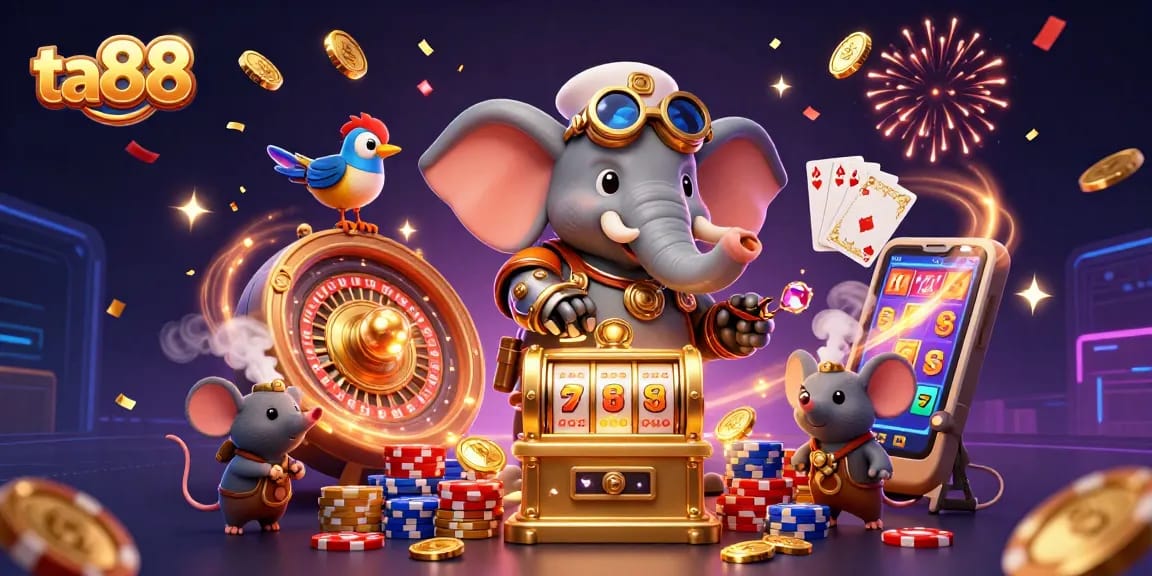 Experience vibrant ta88 slots action with a steampunk elephant and dazzling casino elements.
