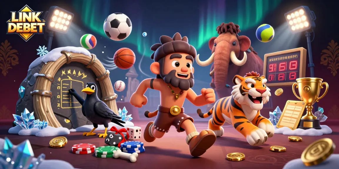 Engage in thrilling games at LINK DEBET while cartoon cavemen and a sabertooth tiger run a prehistoric casino.