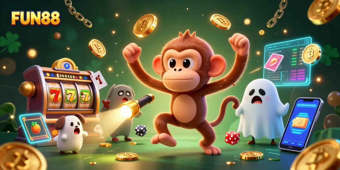 Experience thrilling gameplay at FUN88 with slots, golden coins, and vibrant casino elements in a dynamic scene.