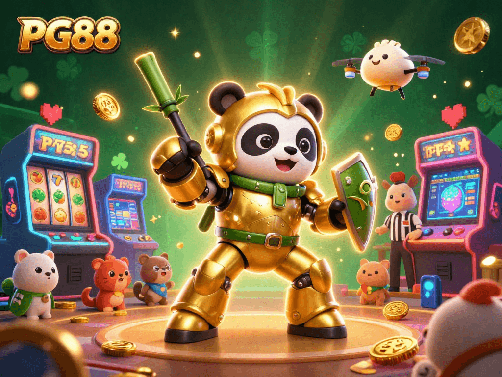 Engage in PG88's vibrant casino adventure with 3D mech-suit panda battling alongside arcade fun.