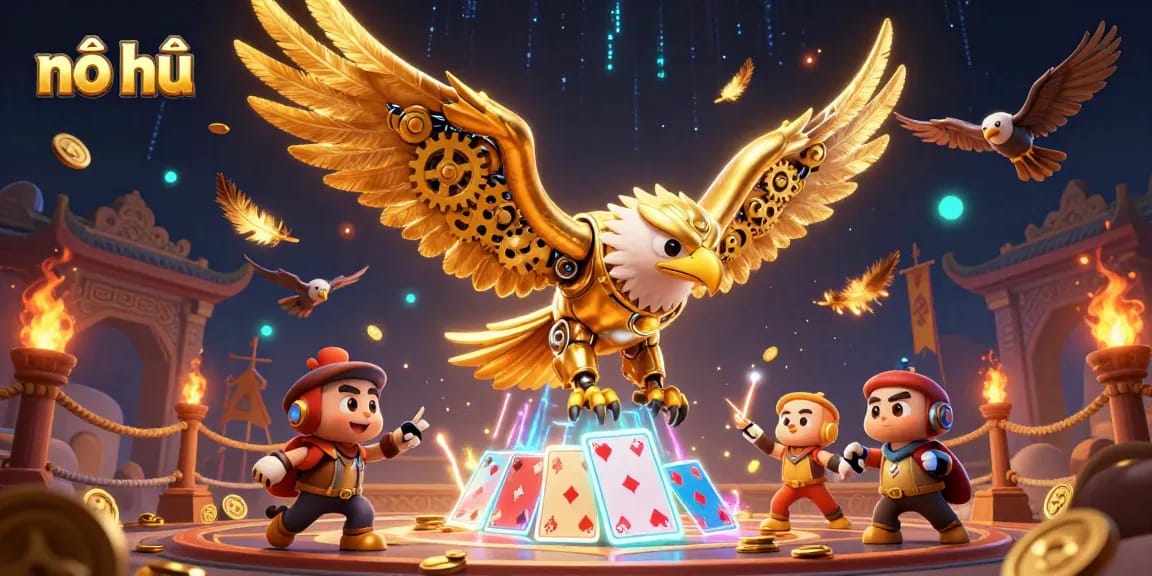 Nổ hũ guarantees thrilling jackpot wins amid a swirling casino scene with golden eagles.