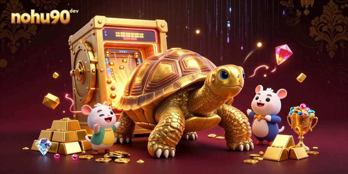 Engaging scene featuring nohu90 dev's colossal golden tortoise with a pinball shell, surrounded by gleaming treasures.