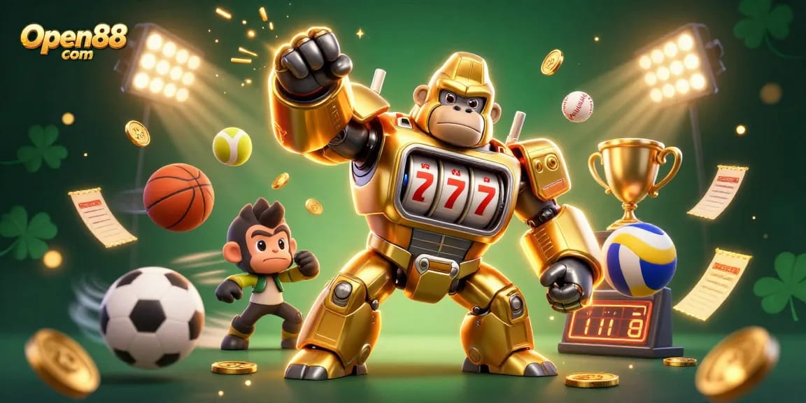 Experience the excitement of Open88 com with this dynamic 3D illustration showcasing a golden gorilla mech as it launches coins while surrounded by sports elements.