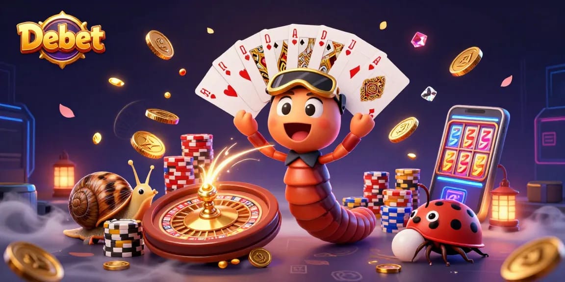 Experience Debet with a thrilling casino scene featuring an animated millipede dealer and exciting game elements.