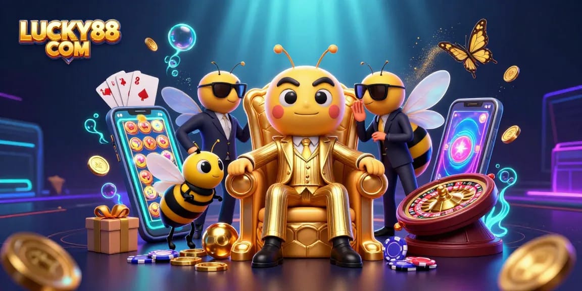 Experience thrilling gaming at LUCKY88 COM with vibrant 3D casino elements and engaging characters.