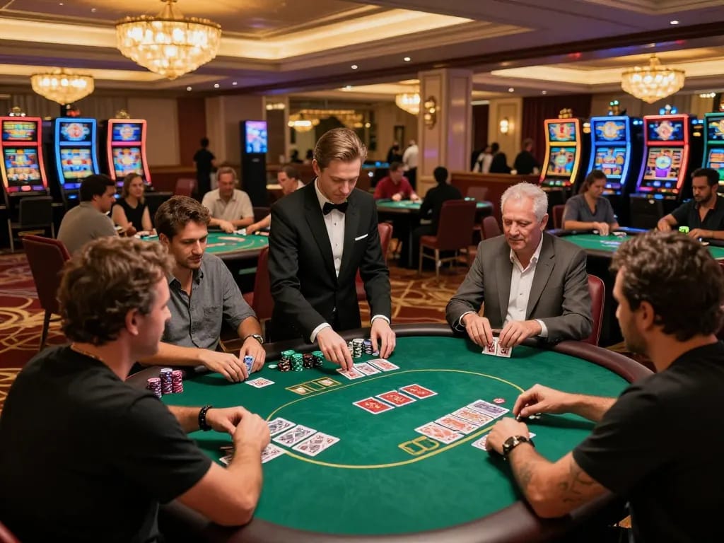 Engaging moment of players in a high-stakes poker game at MM88 casino floor with vibrant decor.