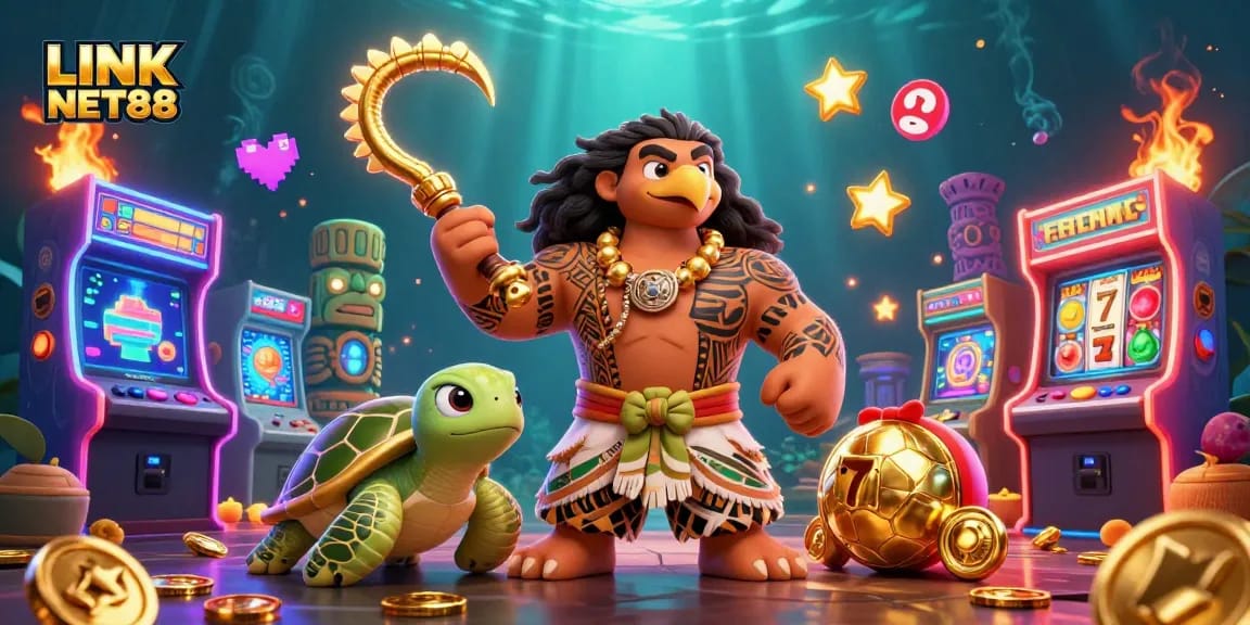 Engage in thrilling casino adventures with LINK NET88, featuring vibrant characters, slots, and arcade elements.
