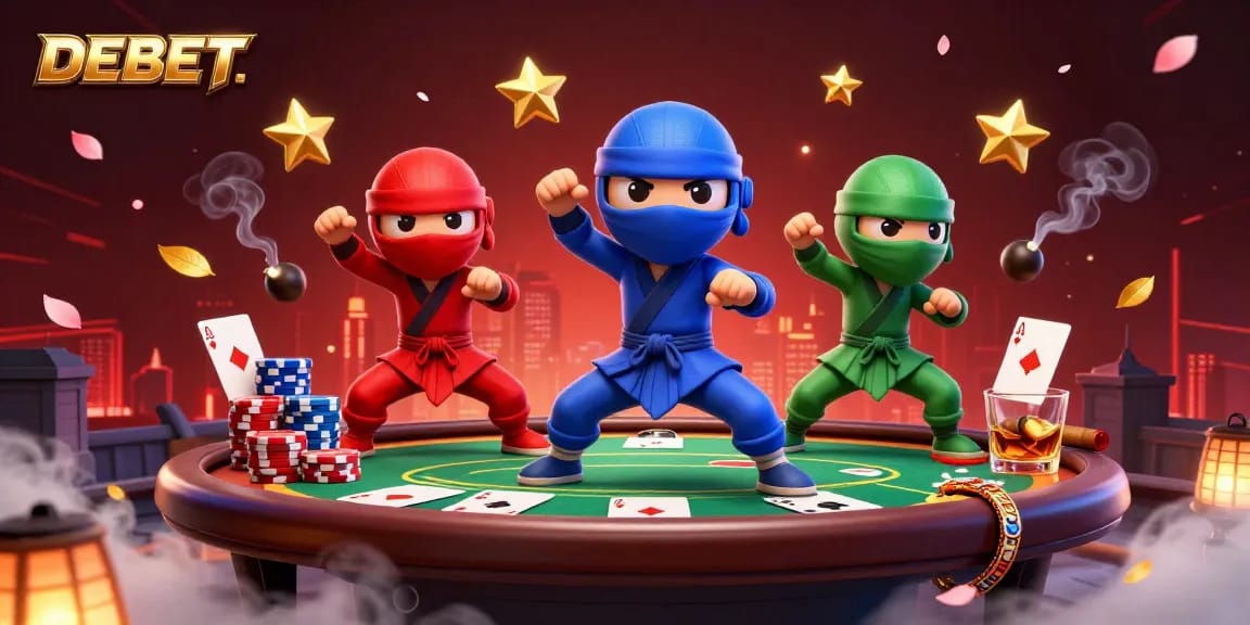 Experience DEBET's vibrant atmosphere with 3D chameleon ninjas showcasing poker skills amidst immersive casino elements.