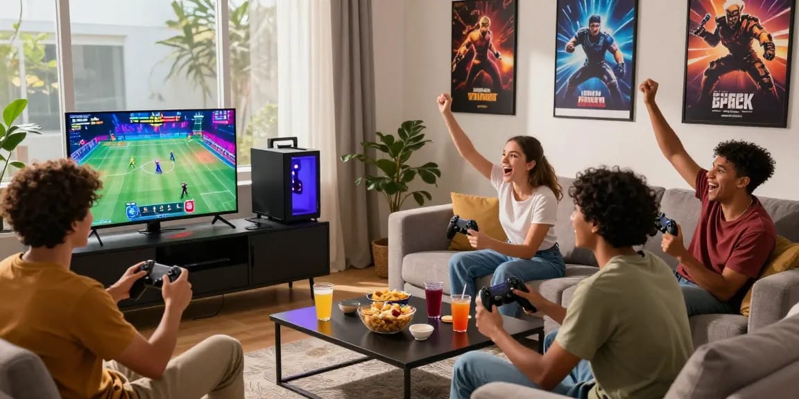 Friends enjoying a gaming night with the latest haywin console in a modern setting.