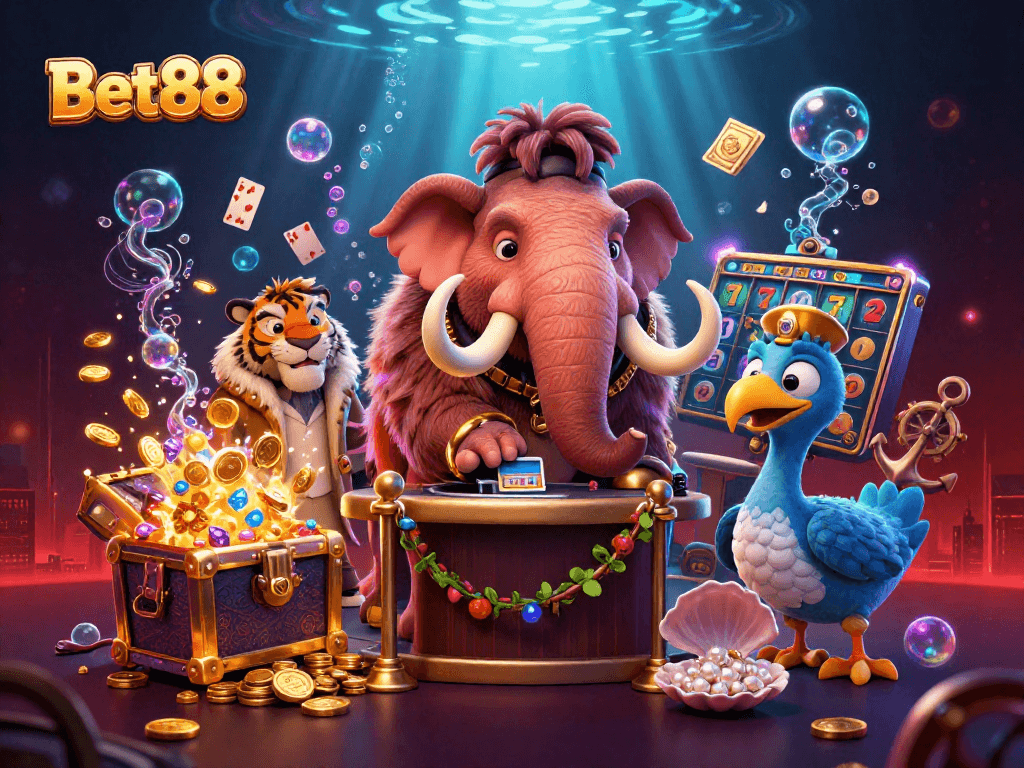 Enjoy the vibrant Bet88 casino environment with rich visuals featuring characters and gold treasures.