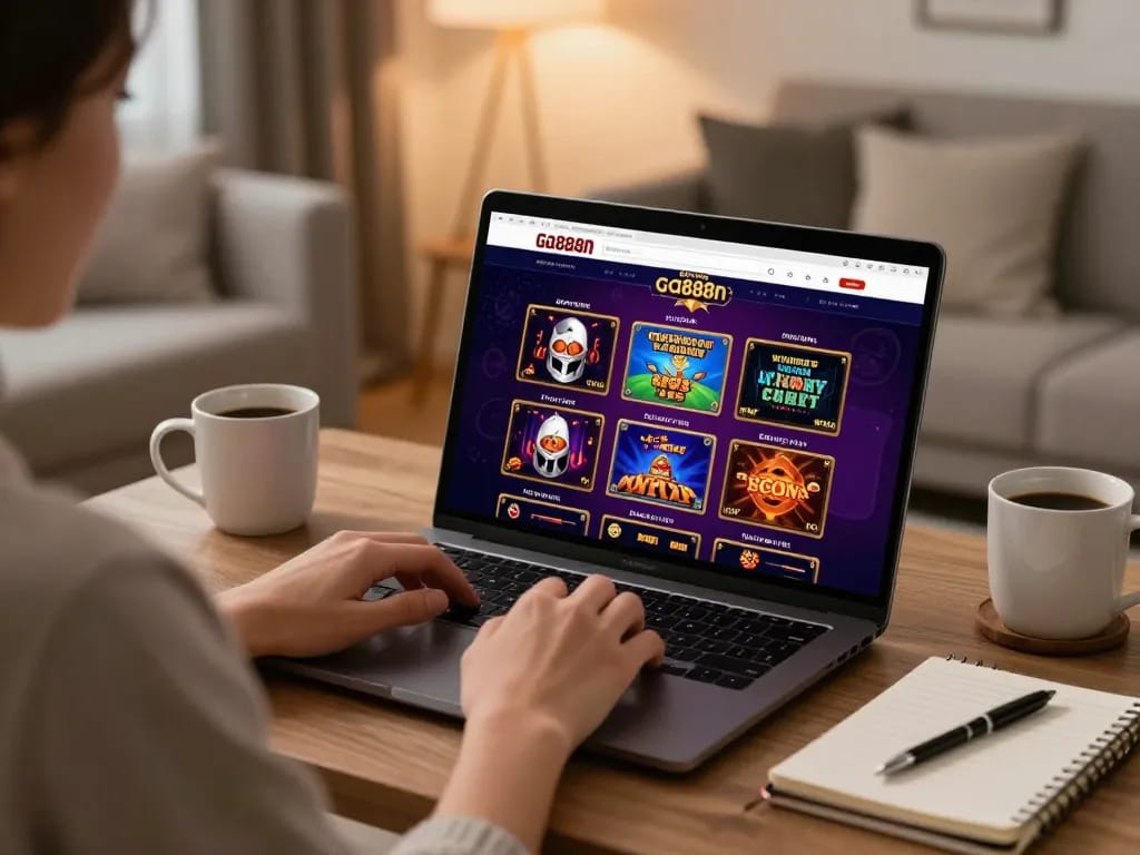 Engaging online casino gaming session at home on ga888n with vibrant displays and strategic notes.