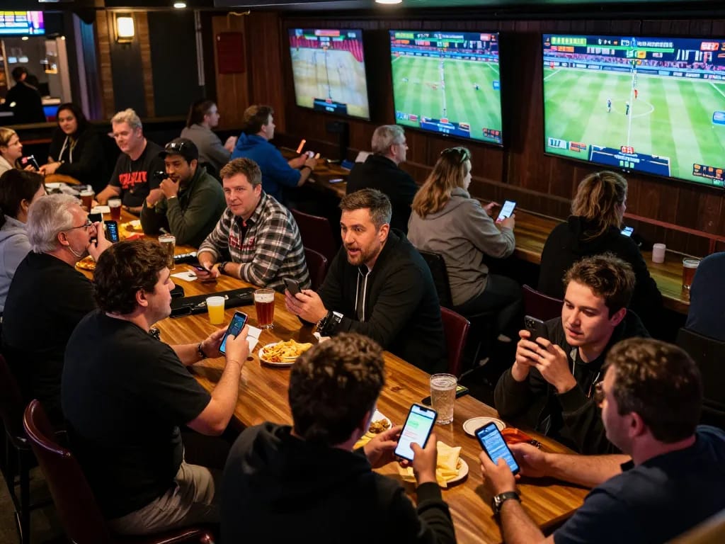 Engaged bettors enjoy live action while using apps for tin soi kèo predictions and sports betting.