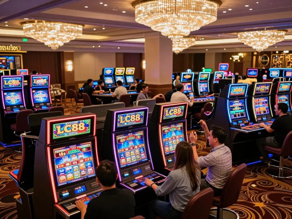 Players celebrating a big win at LC88 slot machines, showcasing the excitement and vibrant atmosphere of the casino.