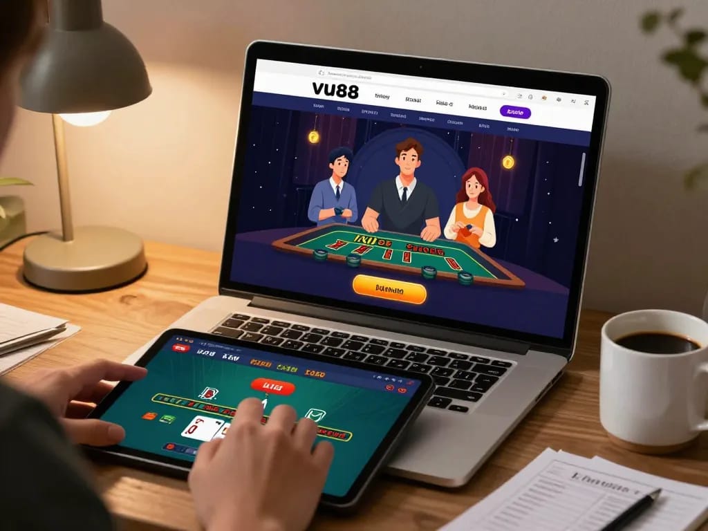 Engaging scene of a player enjoying live dealer blackjack on vu88, showcasing a cozy home gaming atmosphere.