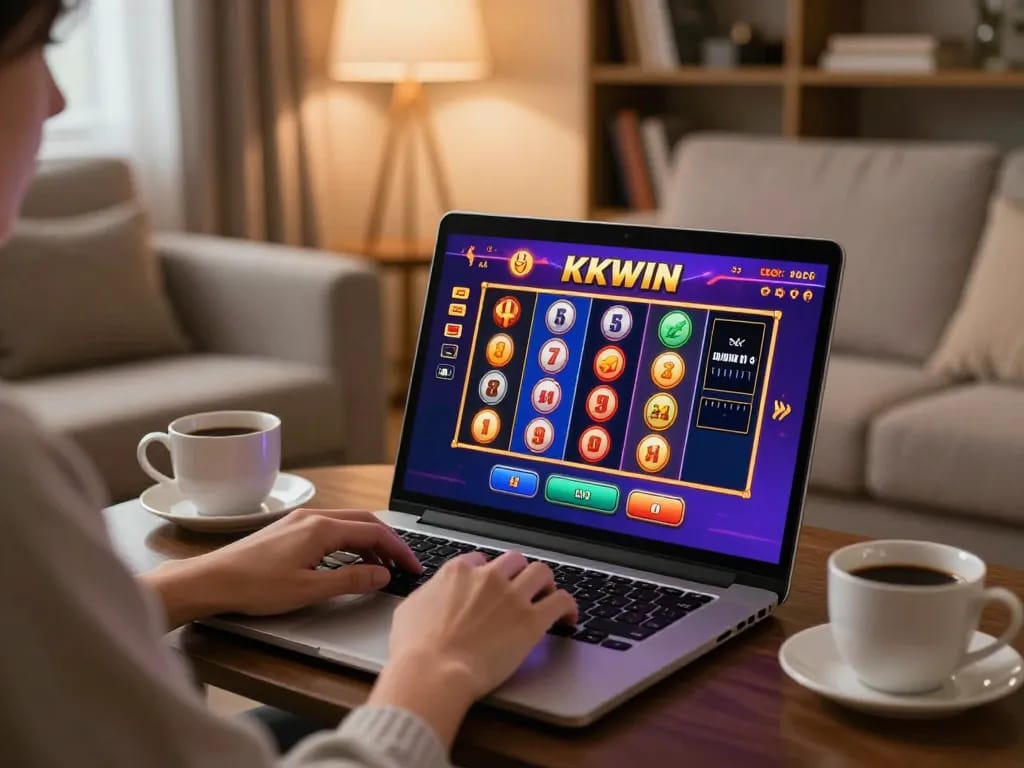 Engaging in KKWIN online casino gaming from a cozy living room setup, showcasing the vibrant gaming interface.