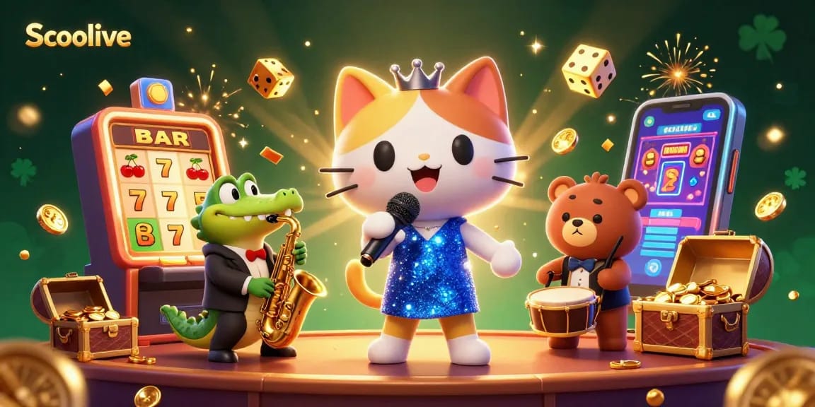Experience Socolive with a vibrant casino scene featuring a singing cat, saxophone croc, and drumming bear.