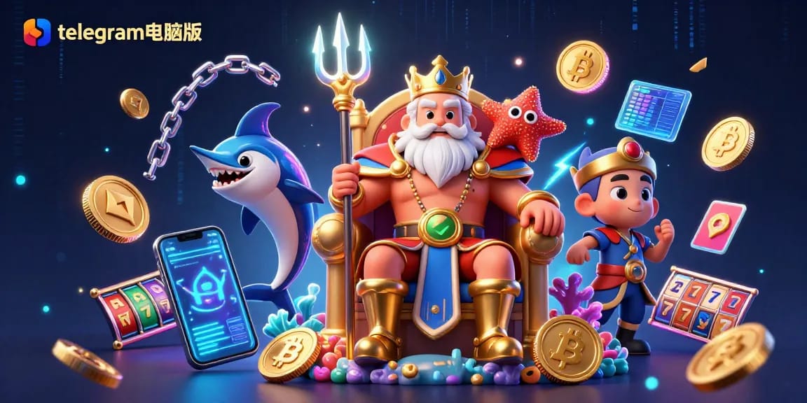 在充满活力的赌场场景中与telegram电脑版互动，海王星与闪烁的加密货币同在。