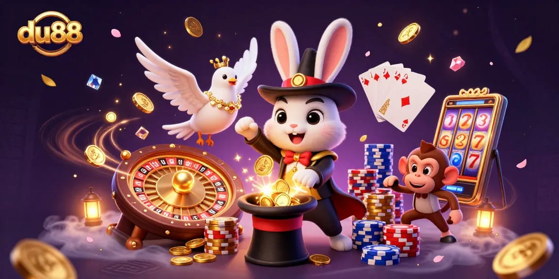Engaging illustration of du88's casino magic with a rabbit, dove, and monkey among lively gaming elements.