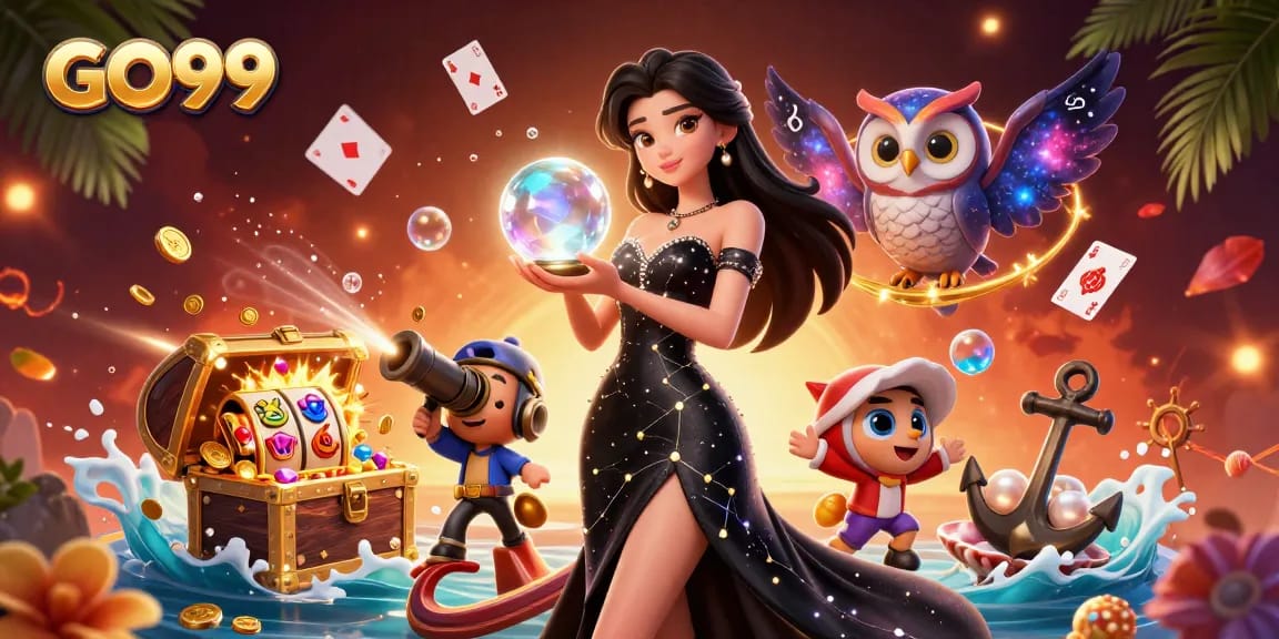 Play slots and win exciting prizes at GO99, featuring an immersive 3D casino scene.