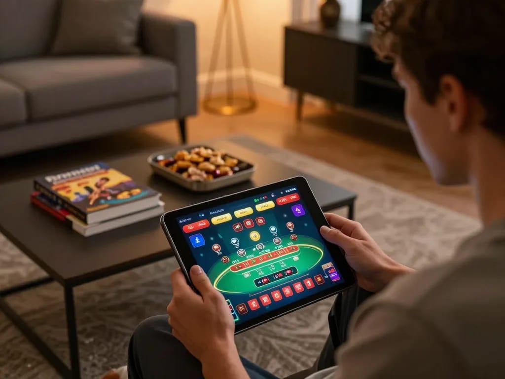 Player immersing in DW8 live dealer blackjack on a tablet, showcasing strategic gameplay.