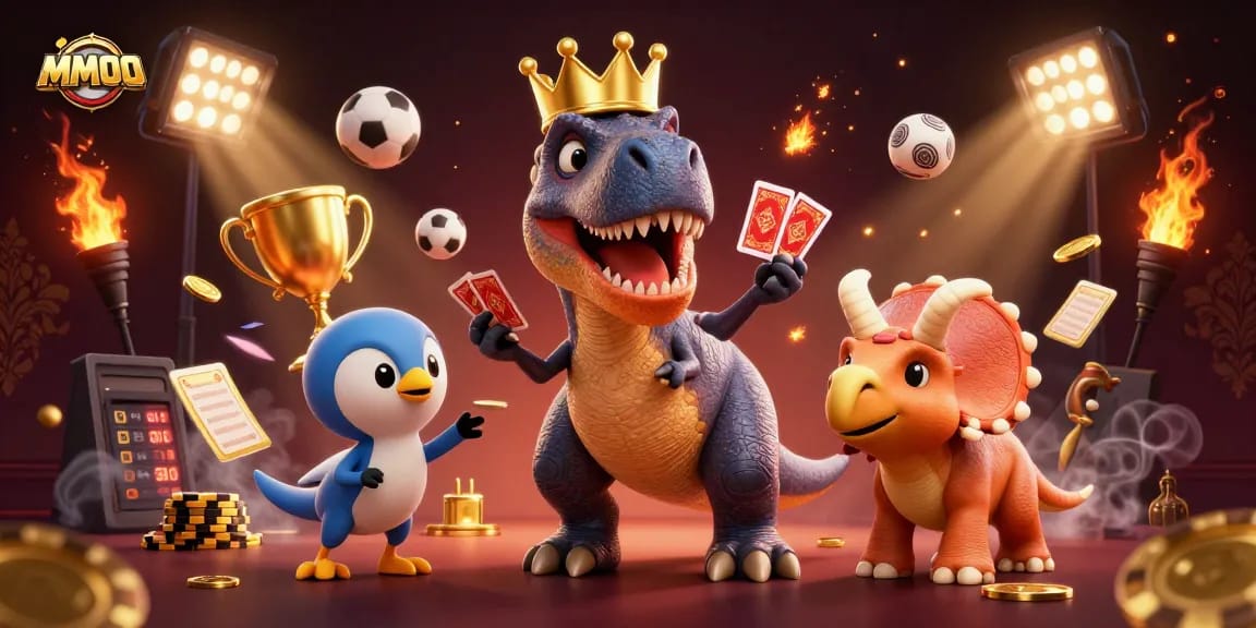 Experience thrilling gameplay at MMOO with a vibrant casino scene featuring dinosaurs and sports elements.