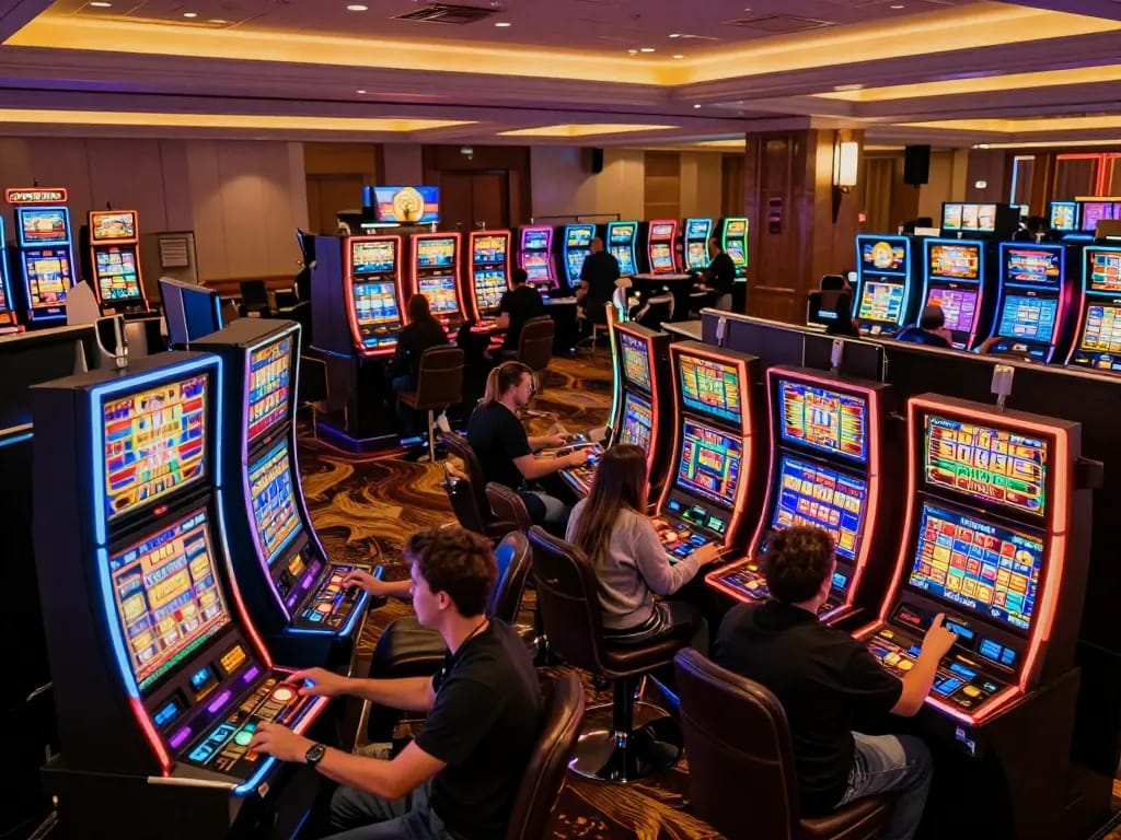 Exciting gameplay at TR88 slot machine area with players immersed in a vibrant casino atmosphere