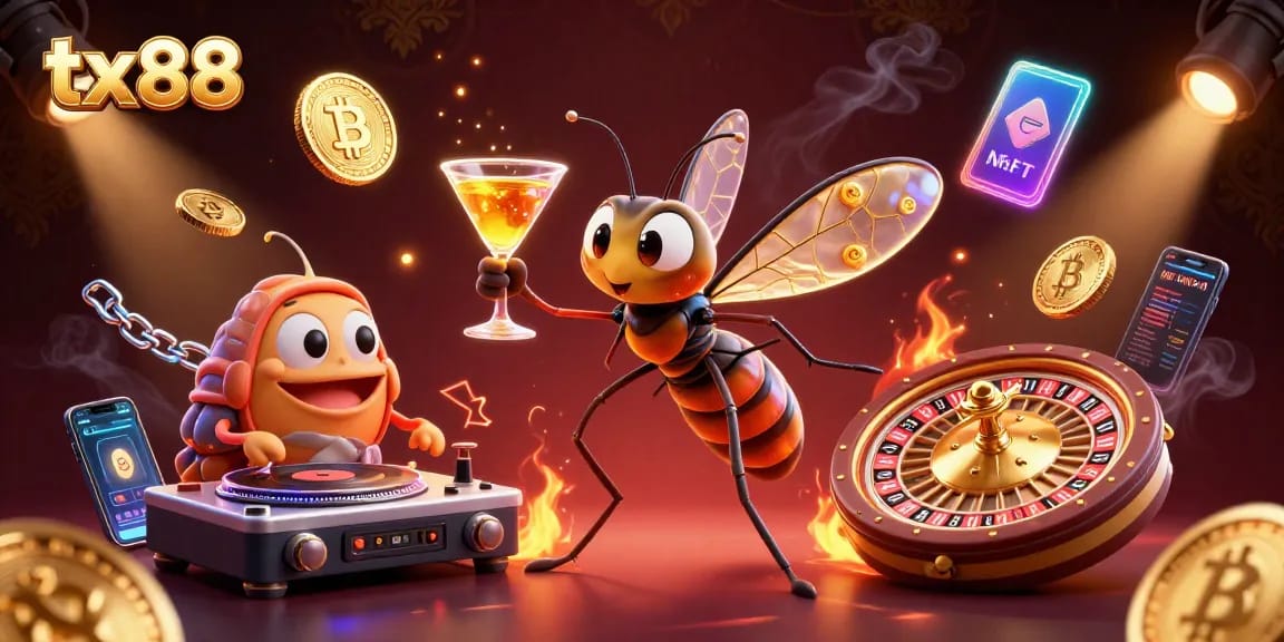 Experience the excitement of tx88 with a vibrant 3D casino scene featuring unique characters and crypto elements.
