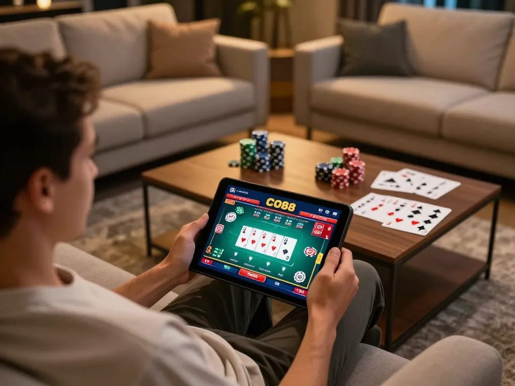 Player engaged in CO88 poker game on tablet, showcasing chips and cards during a cozy gaming session.