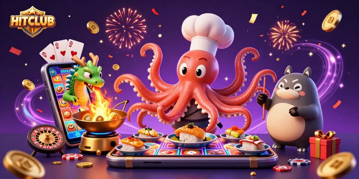 Engage in HITCLUB with an exhilarating scene featuring a sushi chef octopus and fiery dragon.