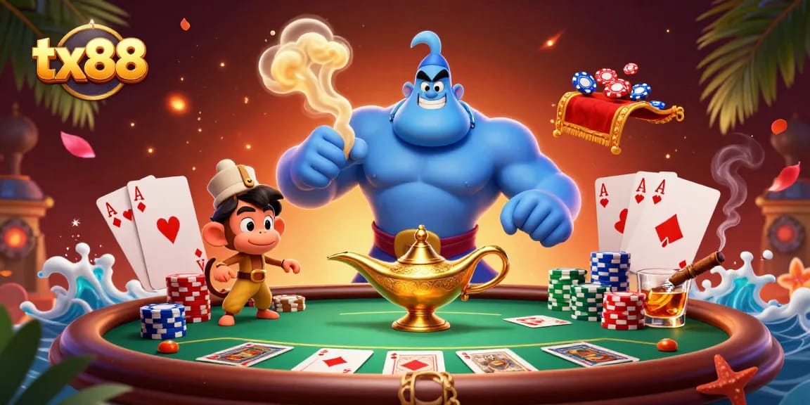 Experience thrilling poker action in tx88 with colorful chips, a genie, and a magic carpet.