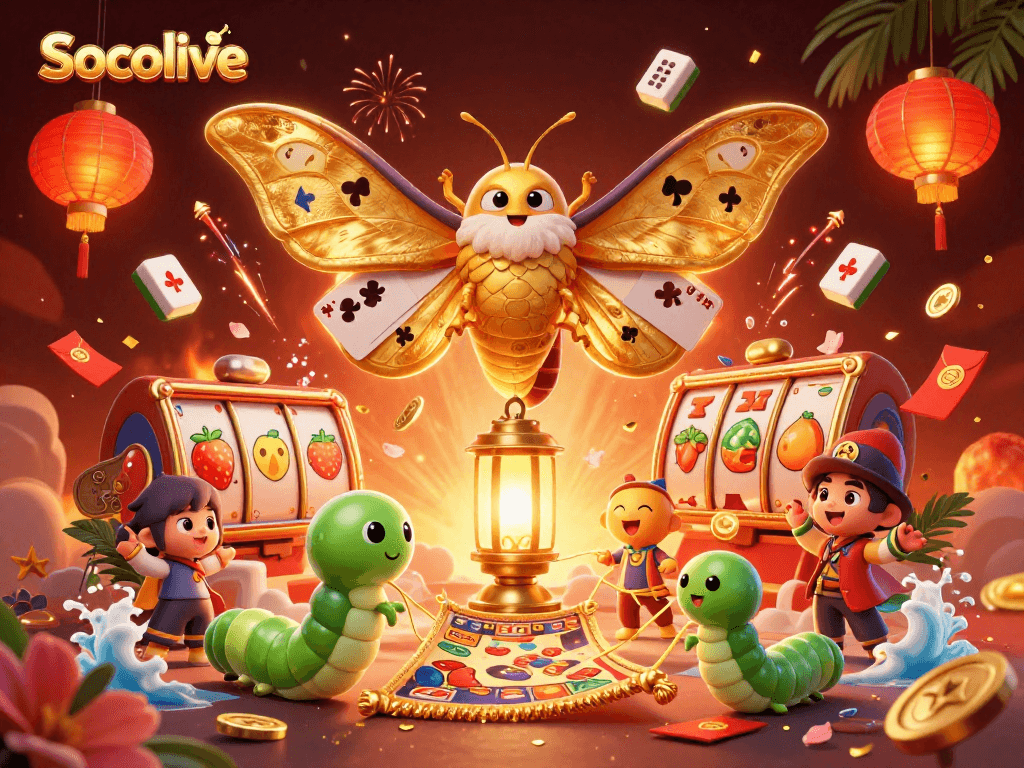 Socolive showcases a stunning 3D digital illustration with a vibrant casino theme featuring a cartoon atlas moth and dynamic gaming elements.