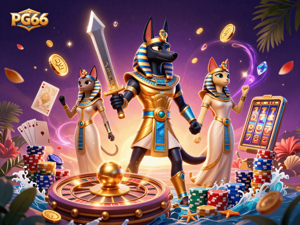 Experience the excitement of PG66 with Anubis and Bastet amidst dazzling golden coins and a spinning roulette.