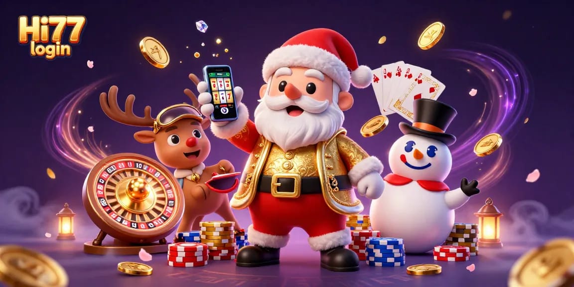 Join the excitement at Hi77 login with Santa, reindeer, and a snowman enjoying jackpot slots!