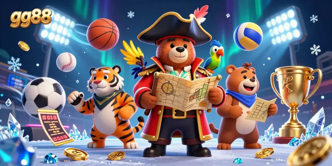 Engage in thrilling betting at gg88 with a pirate captain bear, tiger first mate, and golden coins.