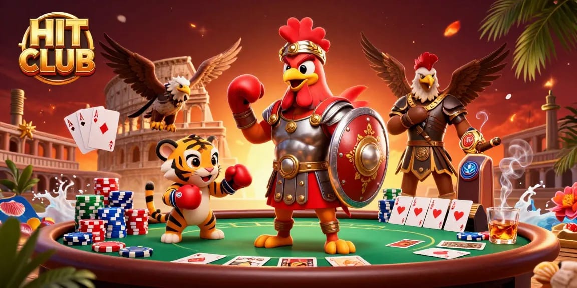 Play at HIT CLUB where a gladiator rooster and tiger cub entertain in a vibrant casino scene.