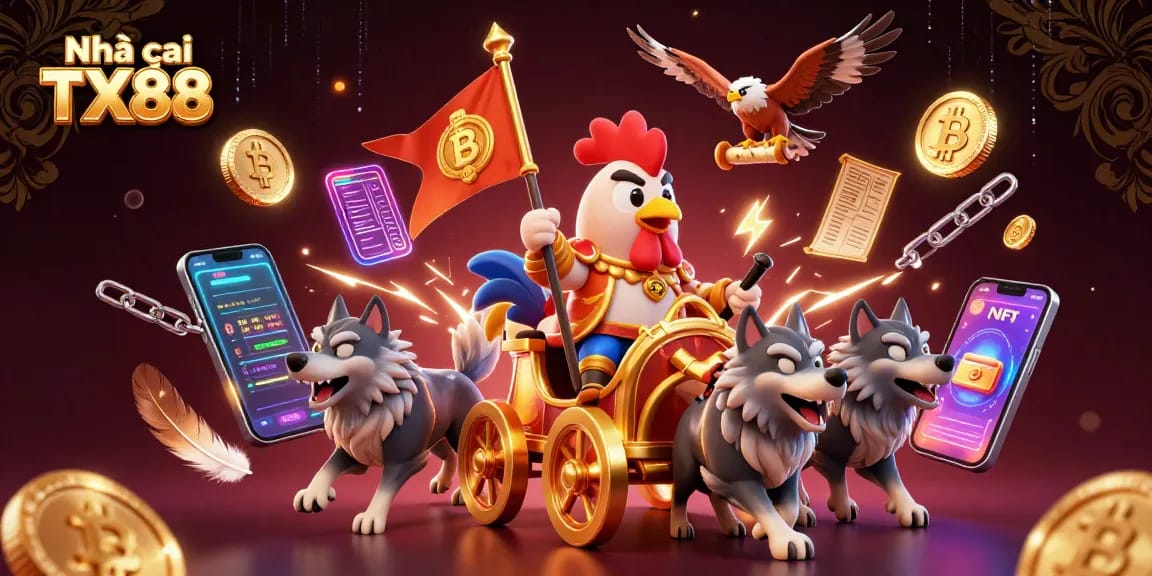 Activate your luck at Nhà cái TX88 with an epic rooster warlord scene illustrating dynamic cockfighting action.