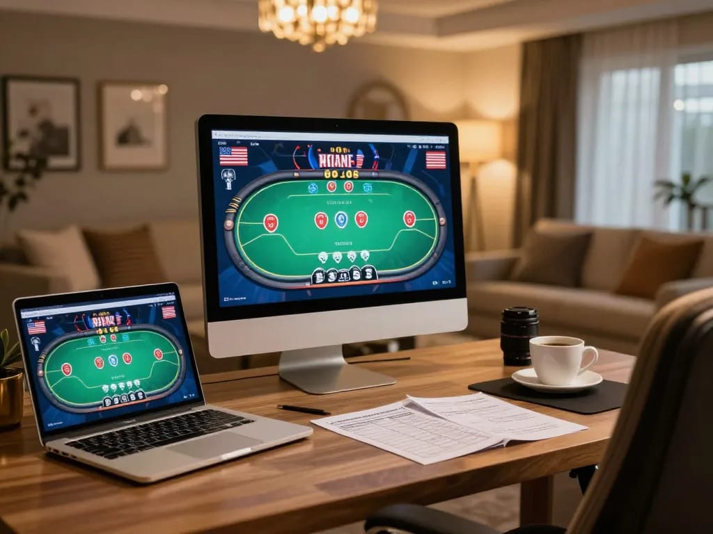 Engage in strategic gaming at bj88bj with an inviting online casino setup, featuring poker interface and gaming notes.