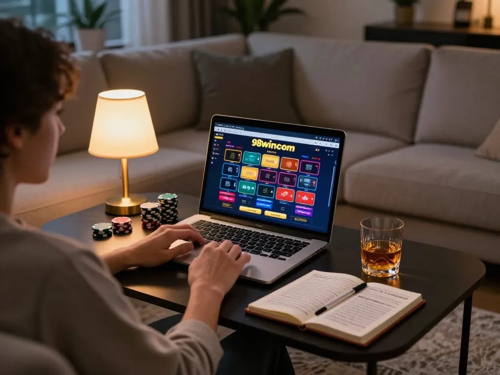 Engaging online gaming experience with 98wincom displayed on laptop in a cozy home setting.