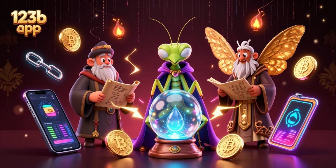Engage with the 123b app, featuring cartoon fortune tellers and vibrant casino elements.