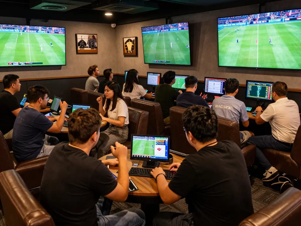 Exciting sports betting scene at MM88ZO with fans engaging in live football matches.