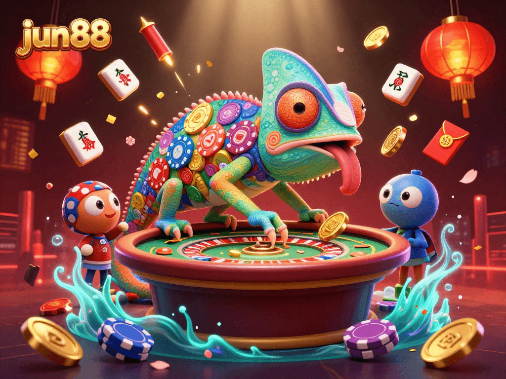 Experience the vibrant world of jun88 with thrilling gambling elements and a dynamic chameleon casino owner.