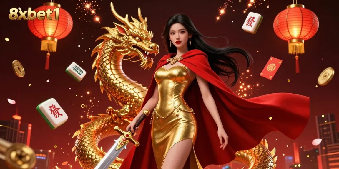 Engage with the vibrant world of 8xbet1, experiencing a stunning warrior queen and dragon in a rich casino-themed scene.