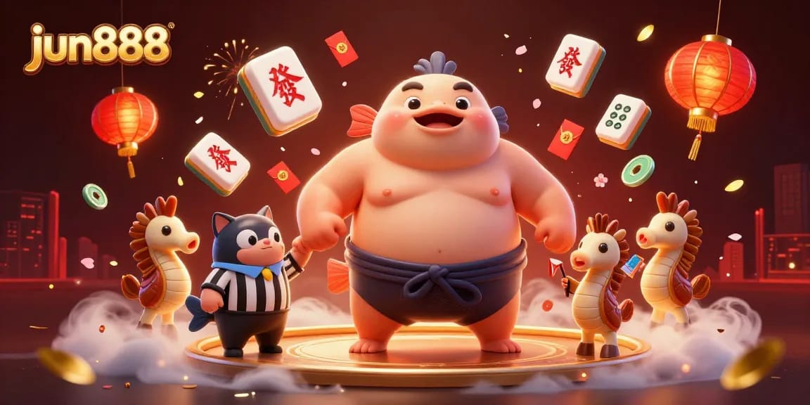 Immerse in thrilling gambling action with jun888, featuring a large fugu in a sumo ring, lively catfish referee, and vibrant seahorse fans.