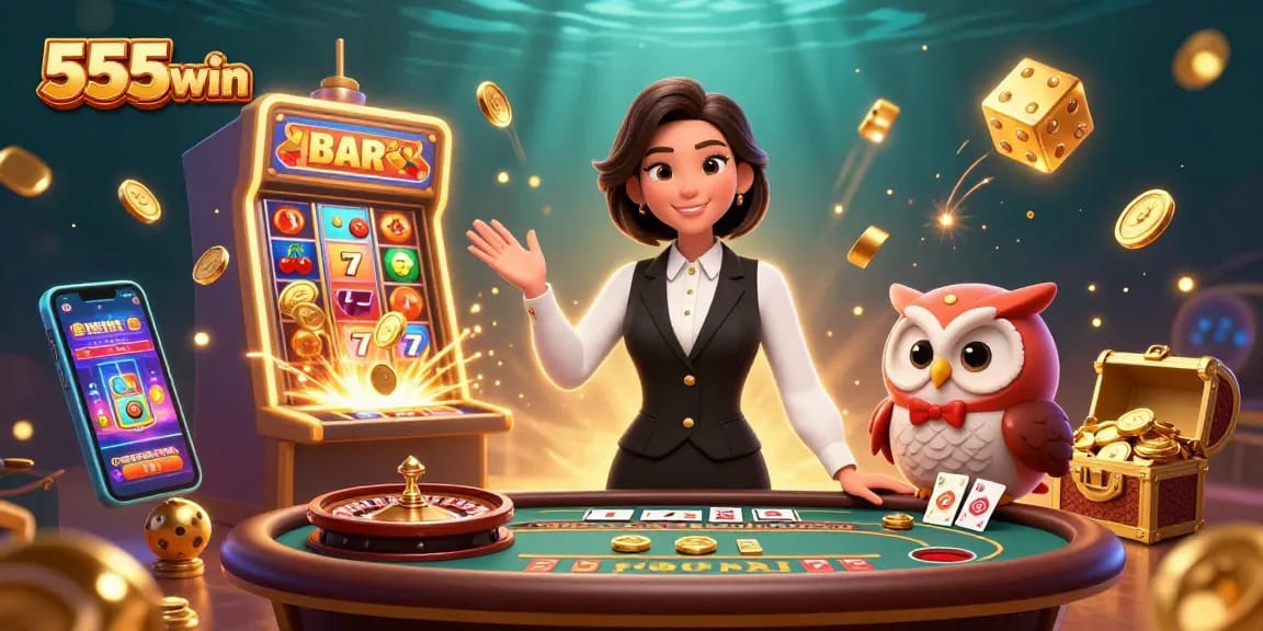 Win big with 555win at a luxury baccarat table, vibrant casino action and excitement.