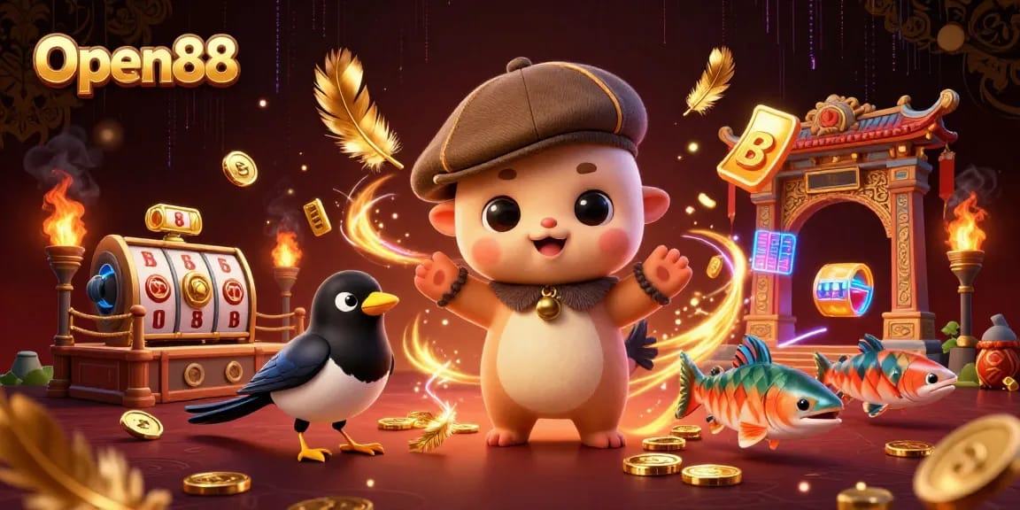 Experience the excitement of Open88 Casino with playful characters and vibrant gaming elements.