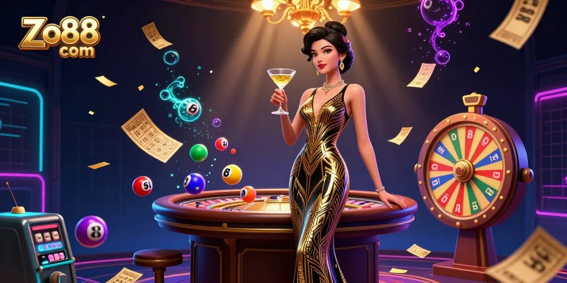 Experience the vibrant world of Zo88 com with dynamic lottery elements, a glamorous Asian woman, and a vintage casino setting.