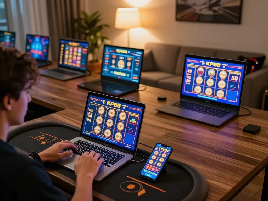 Engaged player enjoying KP88 online casino gaming on laptop with dynamic game interfaces and cozy atmosphere.