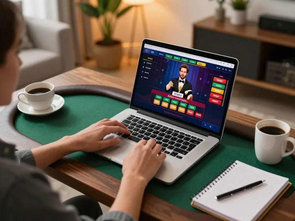 Player enjoying interactive MM88 blackjack on laptop, cozy home gaming setup.